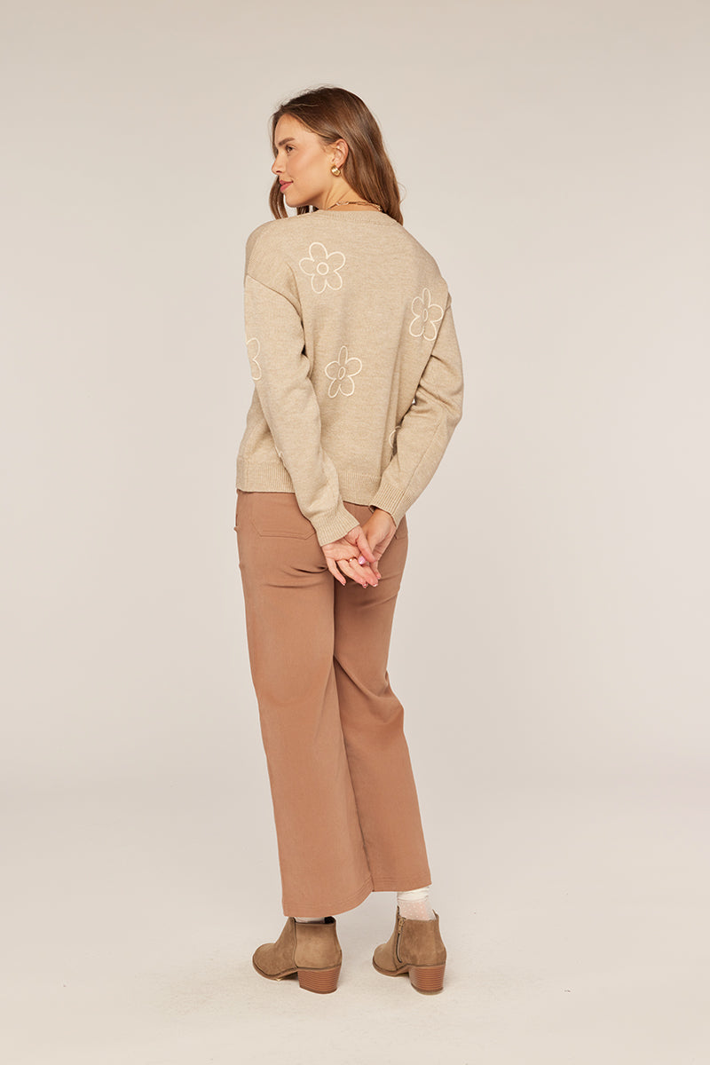 Tea N Rose Embroidery mock neck sweater - Taupe/Ivory
