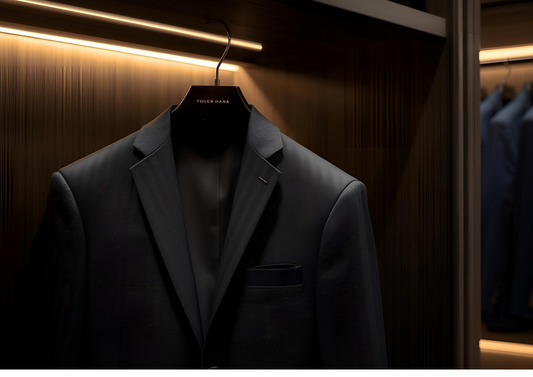 Wool suit hanging on a wide padded hanger — Leven’s Clothing