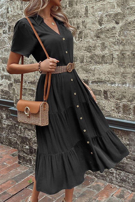 V Neck Button Down Short Sleeve Tiered Midi Dress