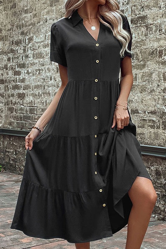 V Neck Button Down Short Sleeve Tiered Midi Dress