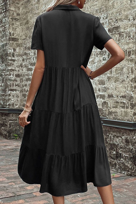 V Neck Button Down Short Sleeve Tiered Midi Dress