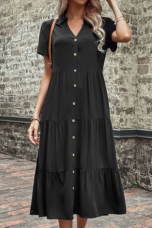 V Neck Button Down Short Sleeve Tiered Midi Dress