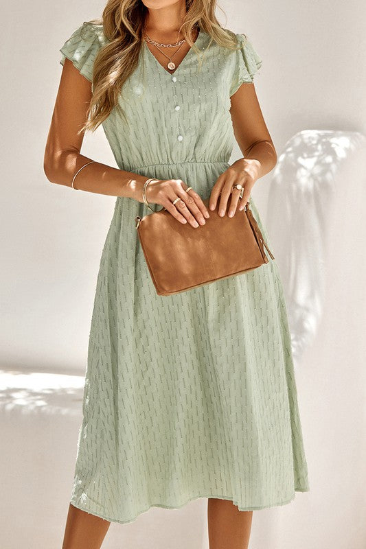 V Neck Solid Color Ruffle Sleeve Midi Dress