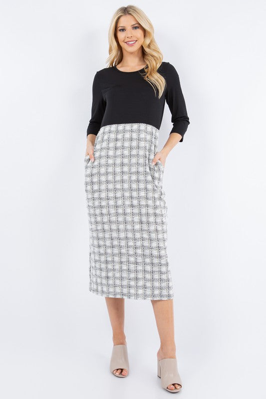 TWEED MODEST MIDI DRESS WITH SIDE POCKETS