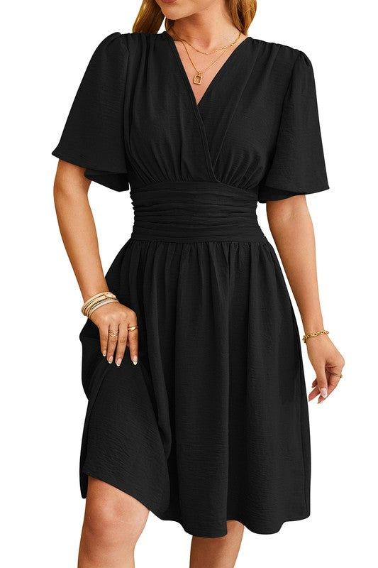 V-Neck Waist Flared Sleeve Fashionable Dress