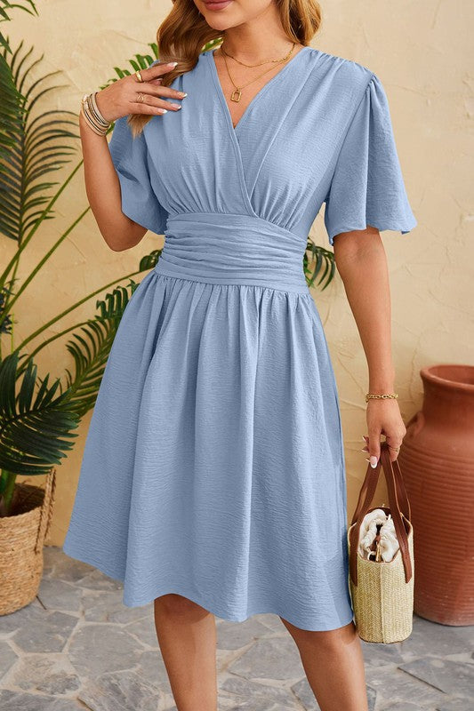 V-Neck Waist Flared Sleeve Fashionable Dress