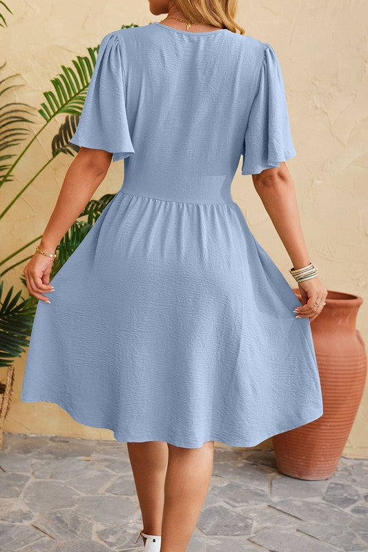 V-Neck Waist Flared Sleeve Fashionable Dress