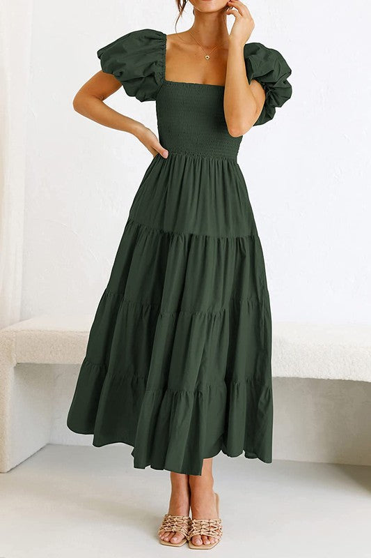 Square Necked Backless Bubble Sleeve Dress