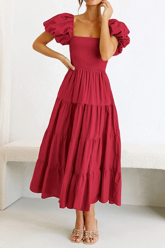 Square Necked Backless Bubble Sleeve Dress