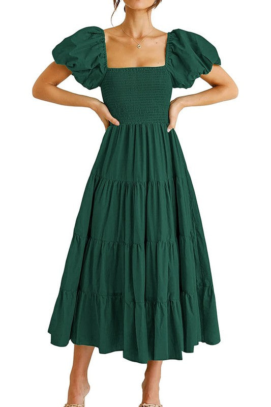 Square Necked Backless Bubble Sleeve Dress