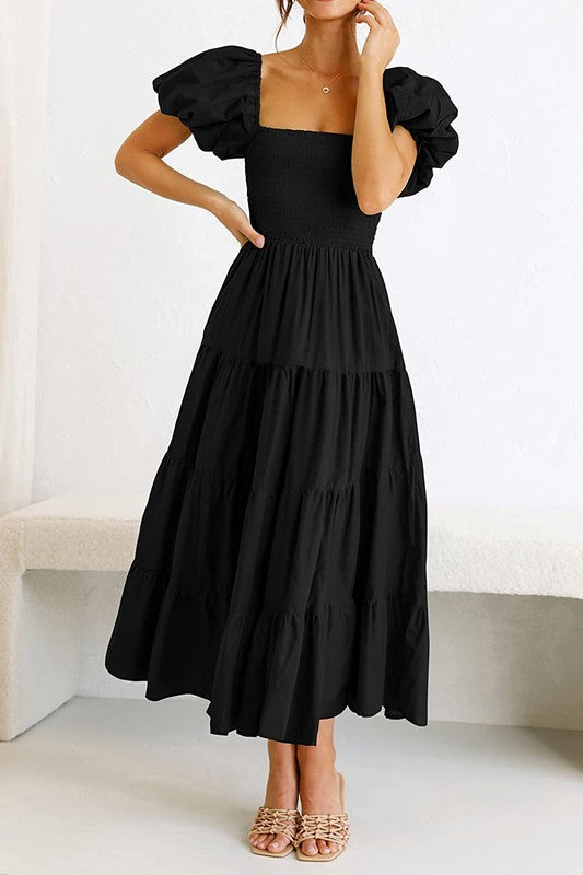 Square Necked Backless Bubble Sleeve Dress