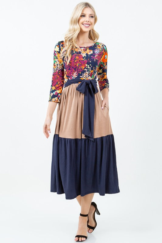 MULTI FLORAL COLOR BLOCK MADI DRESS