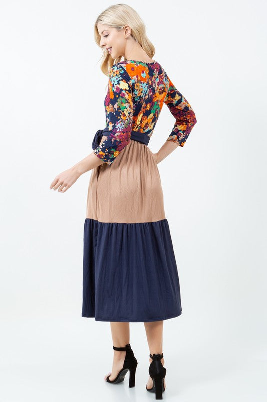 MULTI FLORAL COLOR BLOCK MADI DRESS