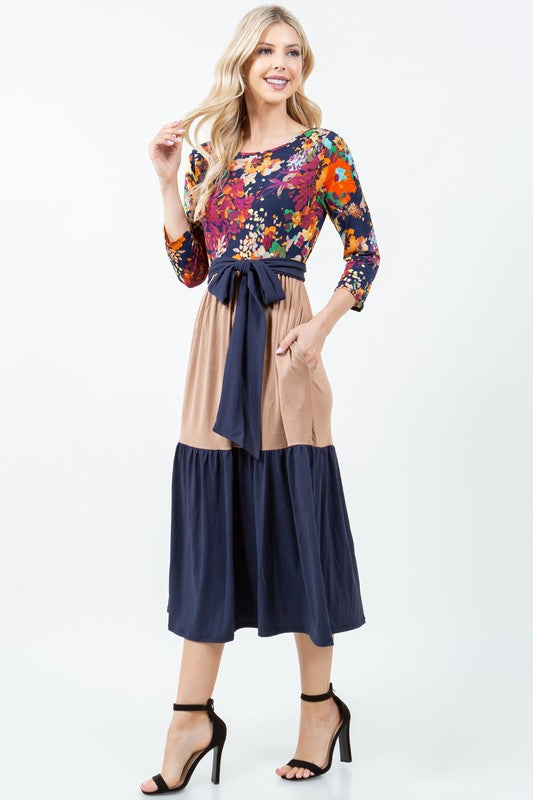 MULTI FLORAL COLOR BLOCK MADI DRESS