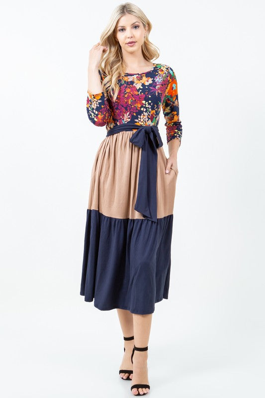 MULTI FLORAL COLOR BLOCK MADI DRESS