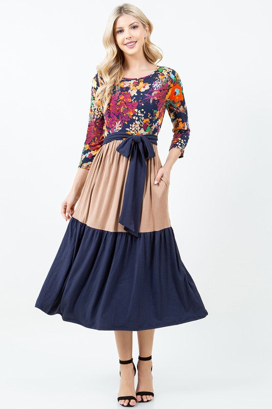 MULTI FLORAL COLOR BLOCK MADI DRESS