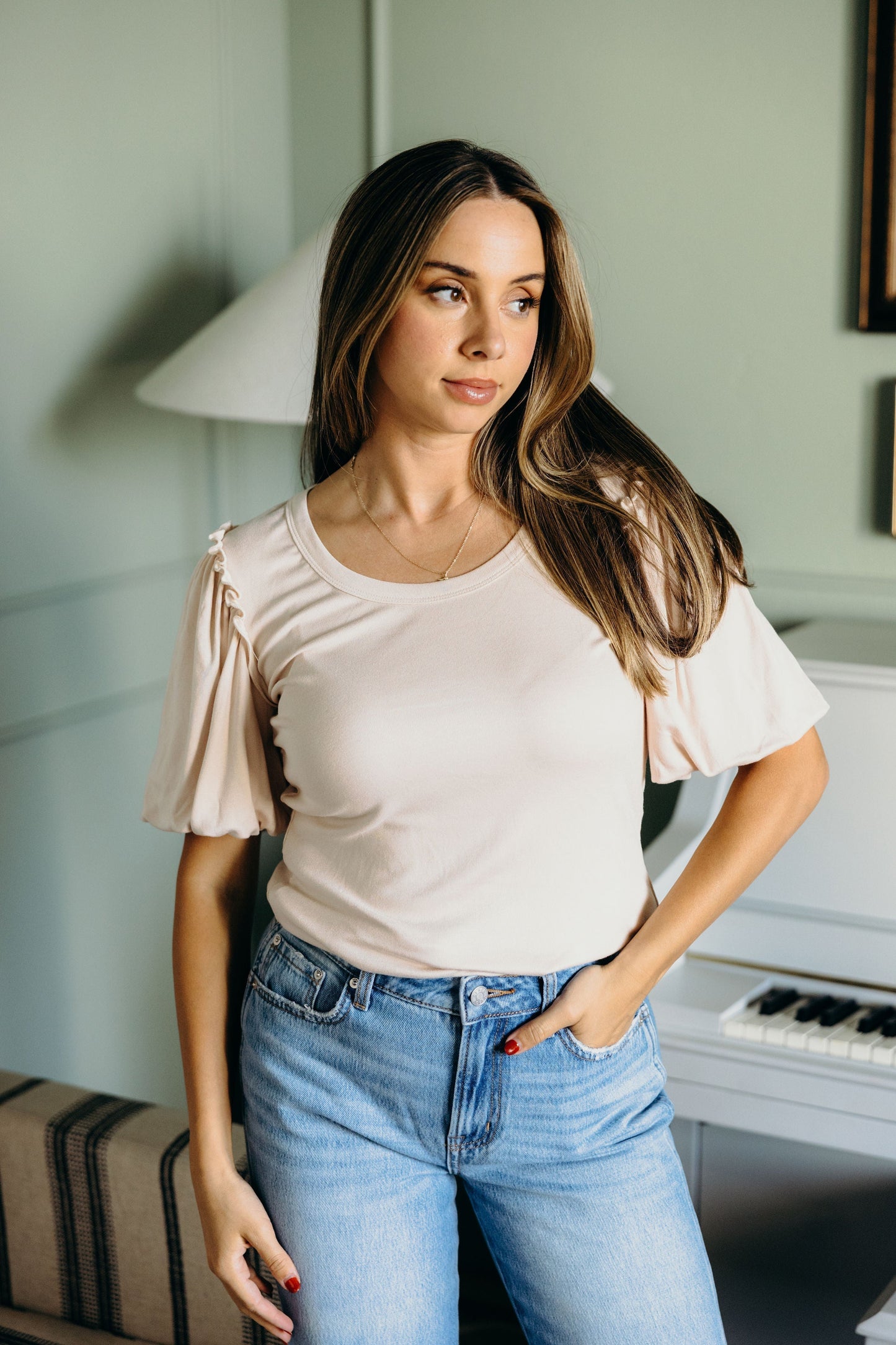 BUBBLE SLEEVE BLOUSE IN PEARL