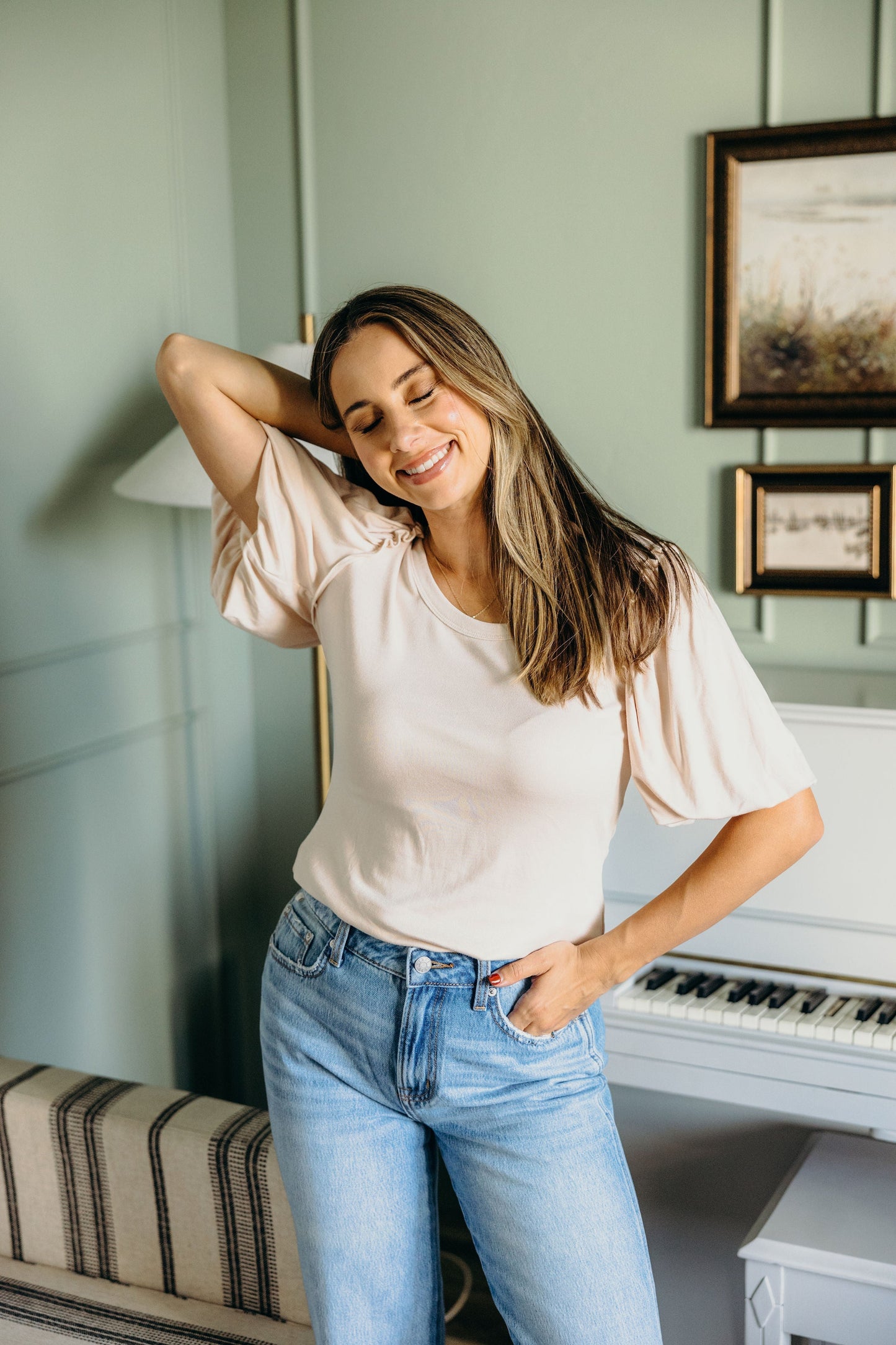 BUBBLE SLEEVE BLOUSE IN PEARL