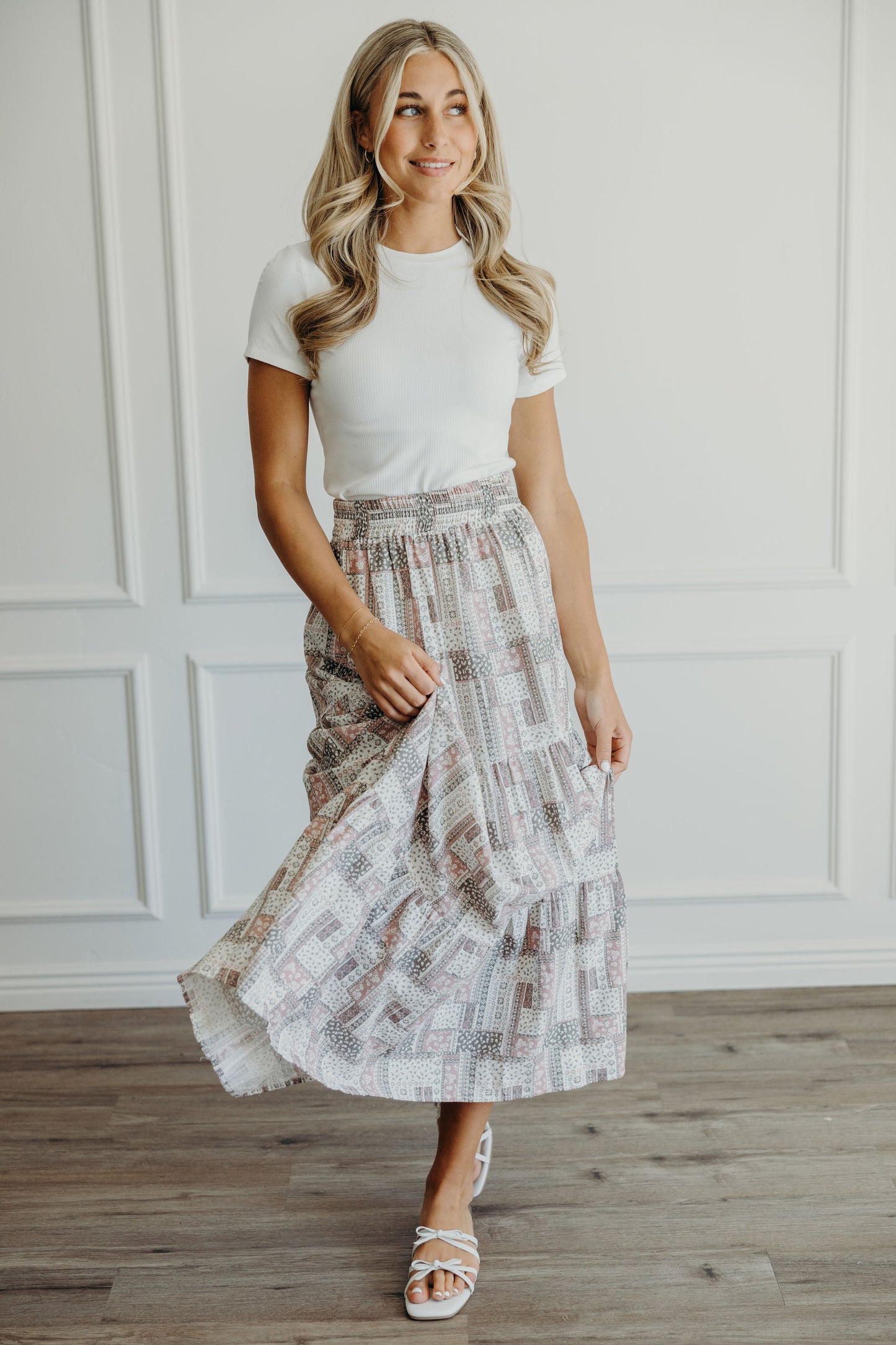 TIERED BOHO SKIRT IN OLIVE PATCHWORK