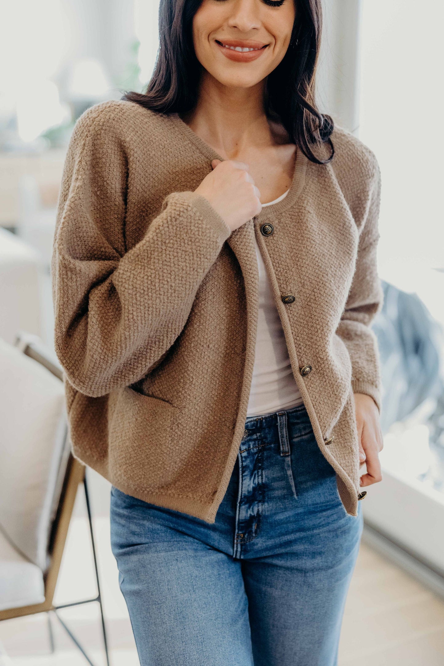 BUTTON FRONT CARDI IN SESAME