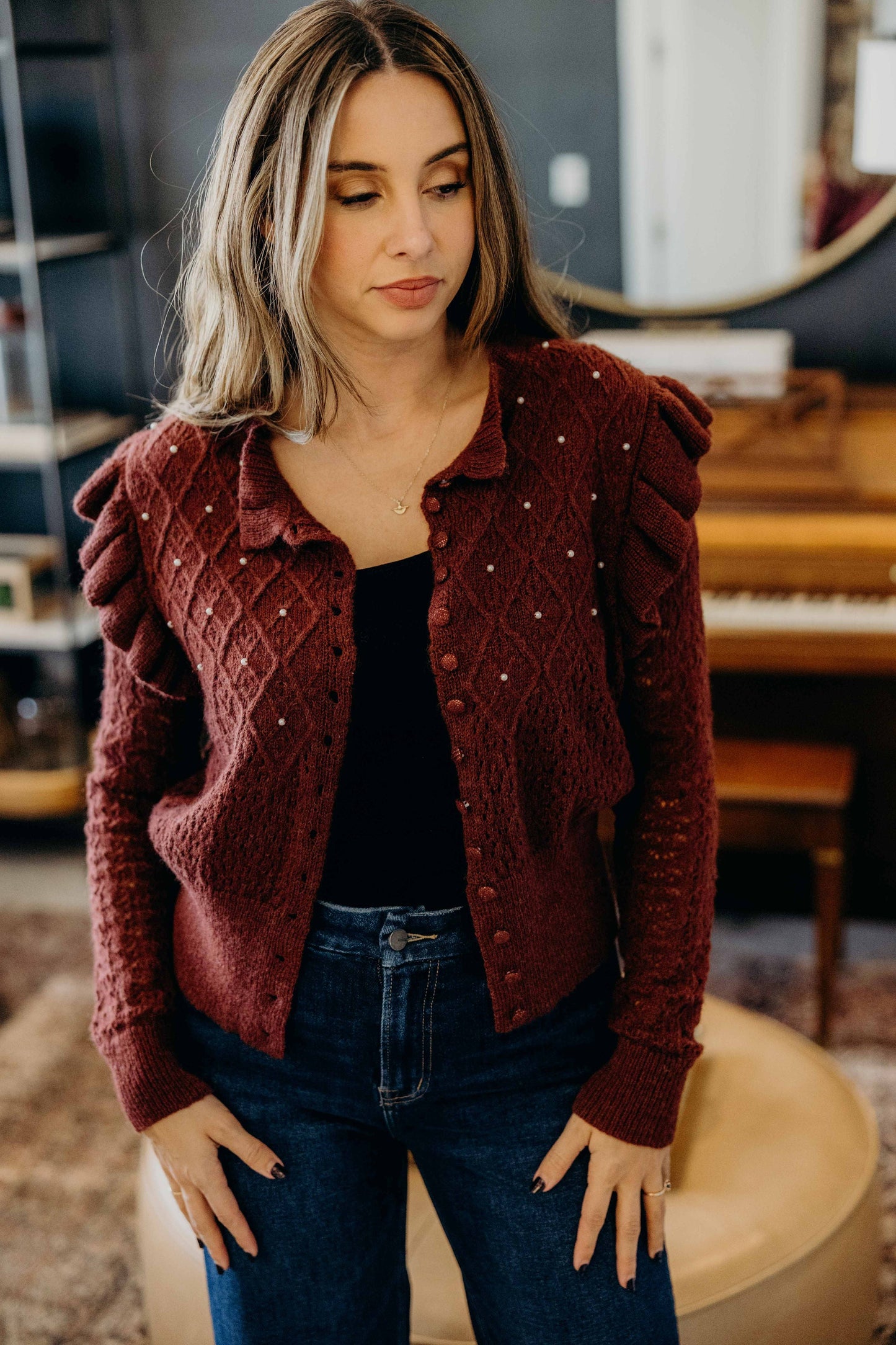 CROCHET CARDIGAN IN BORDEAUX