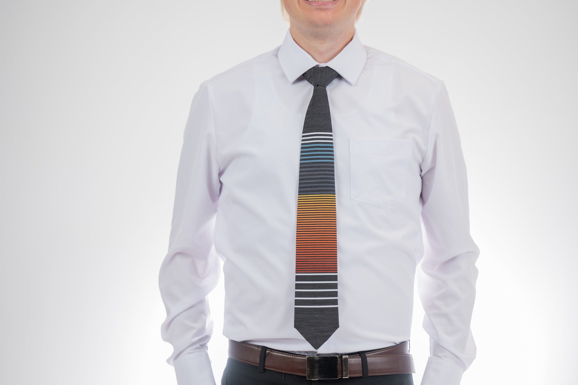 Man wearing a cool, modern, horizontal striped necktie Tie displayed at Kator Shop – luxury men’s accessory made from premium fabric for Utah professionals.