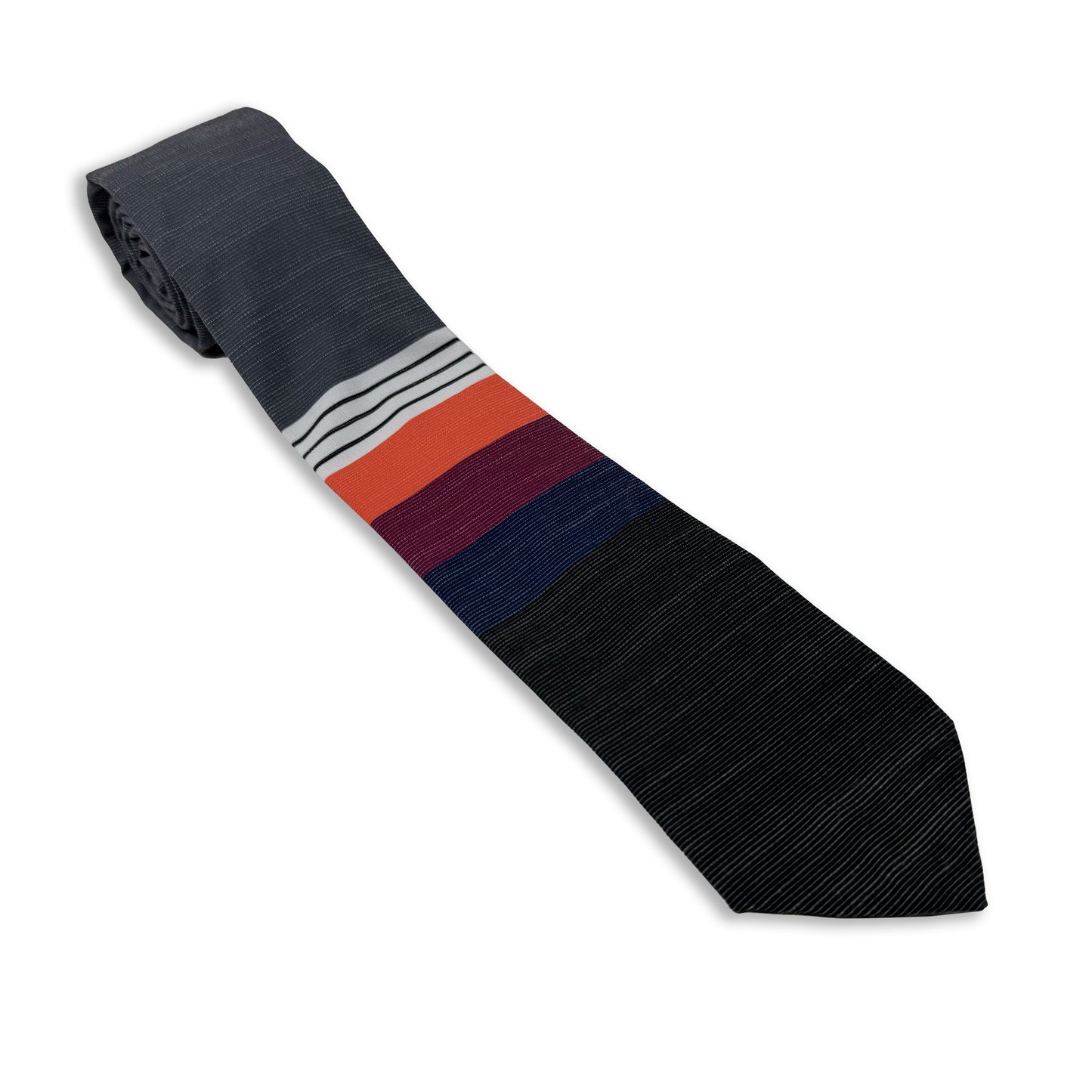 A cool, modern necktie with thick coral, purple, and blue stripes