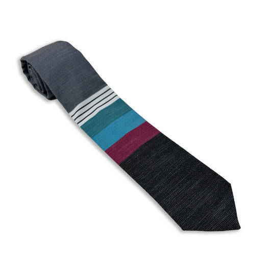 A cool, modern necktie with thick purple, green, turquoise stripes
