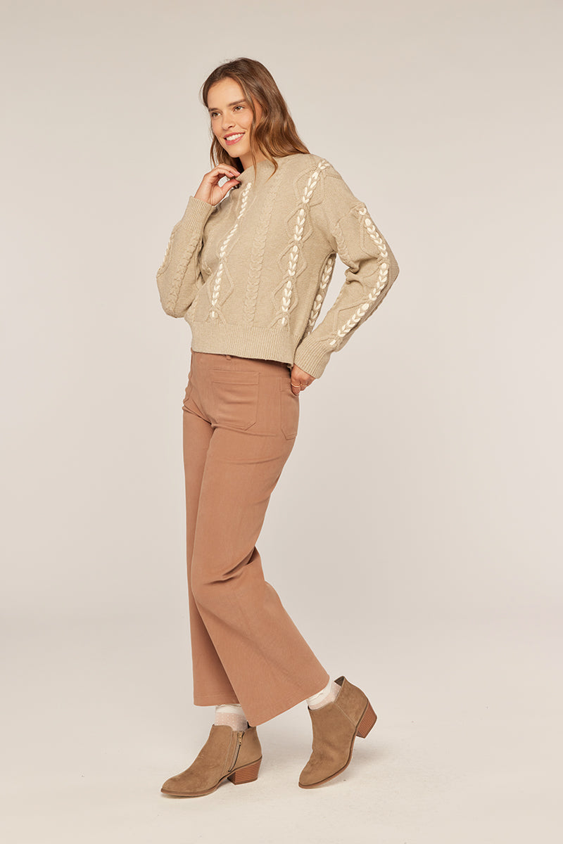 Tea N Rose - Braid Detail Mock Neck Sweater - Warm Grey