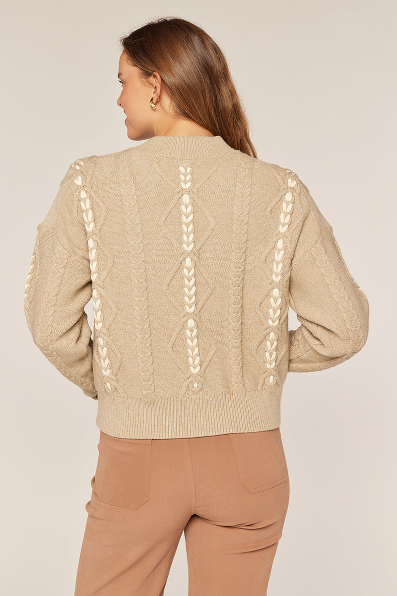 Tea N Rose - Braid Detail Mock Neck Sweater - Warm Grey