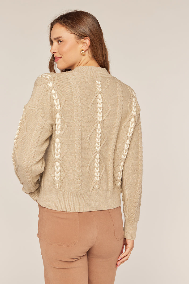Tea N Rose - Braid Detail Mock Neck Sweater - Warm Grey