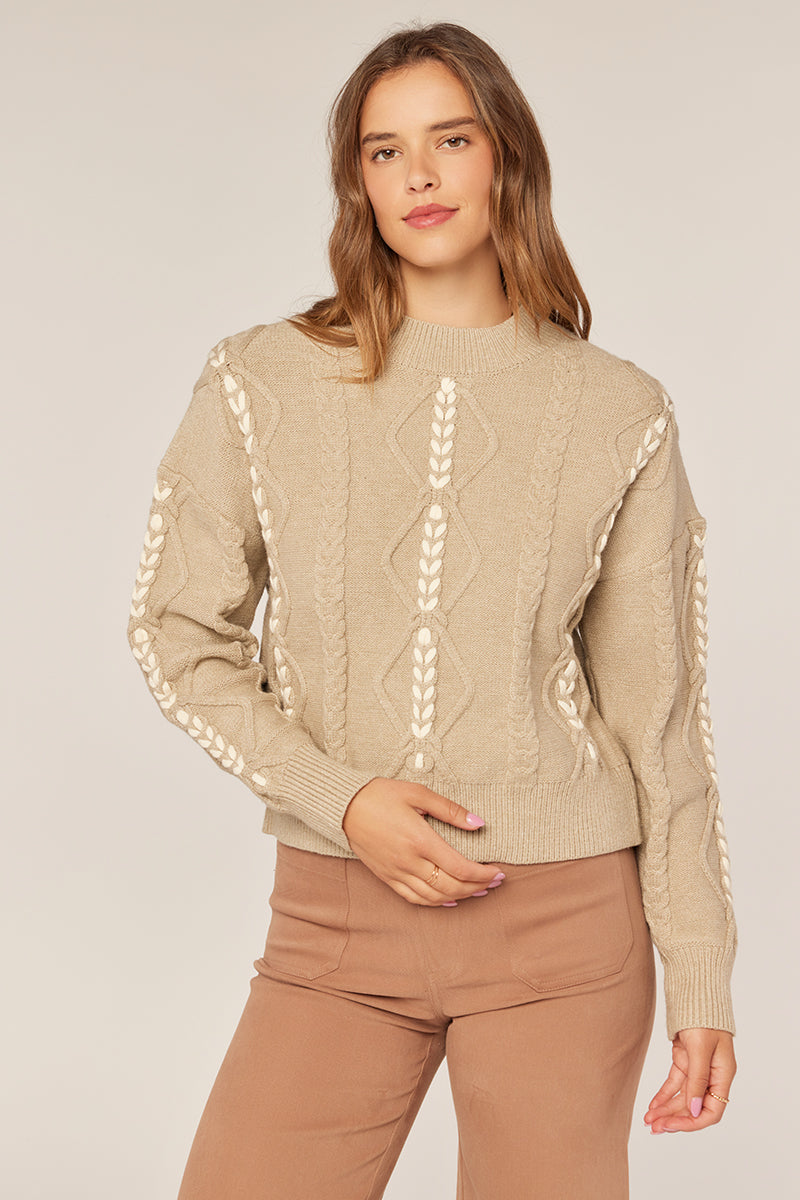 Tea N Rose - Braid Detail Mock Neck Sweater - Warm Grey