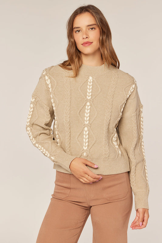 Tea N Rose - Braid Detail Mock Neck Sweater - Warm Grey