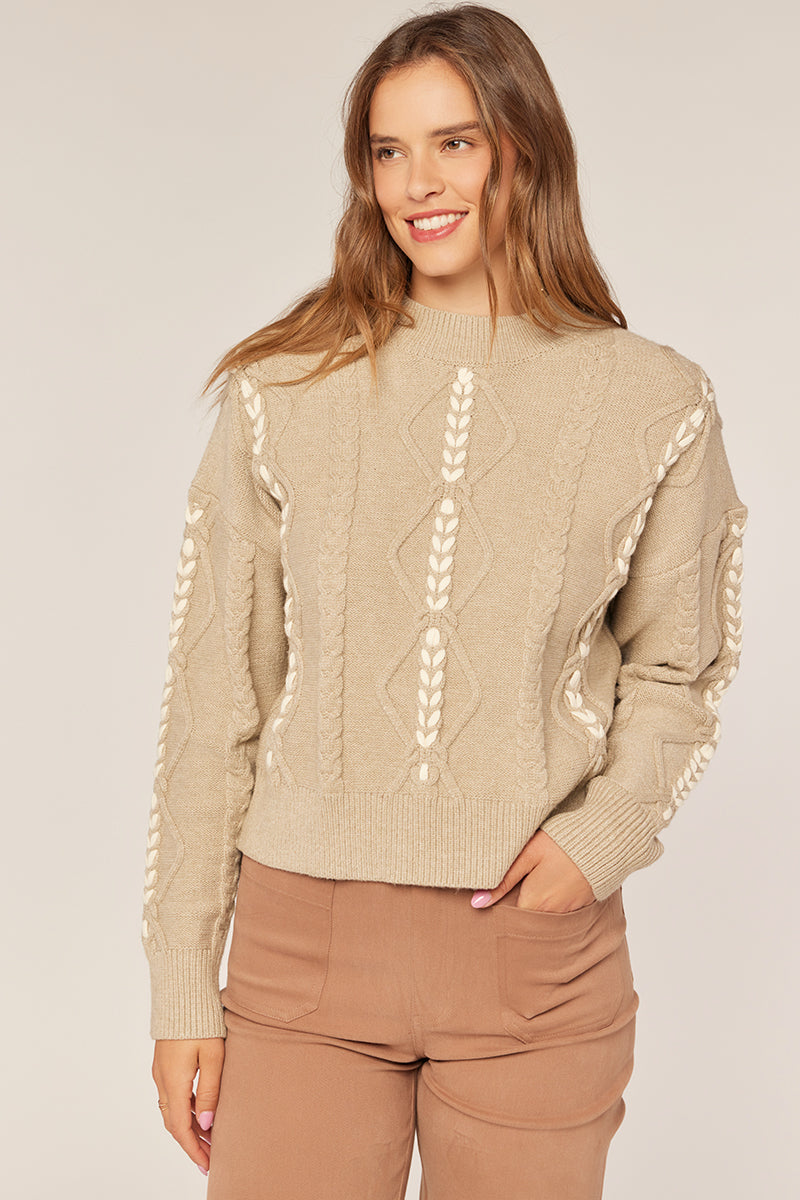 Tea N Rose - Braid Detail Mock Neck Sweater - Warm Grey