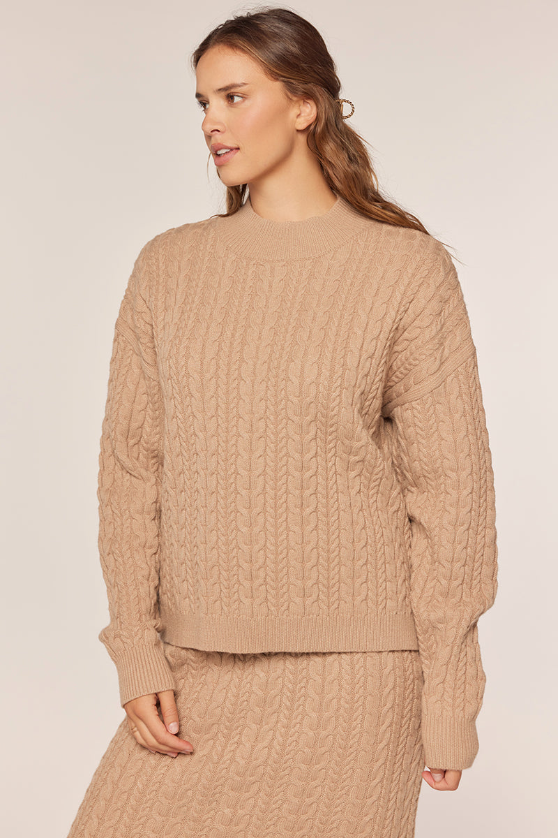Tea N Rose - Cable Knit Mock Neck Sweater Top - Light Beige