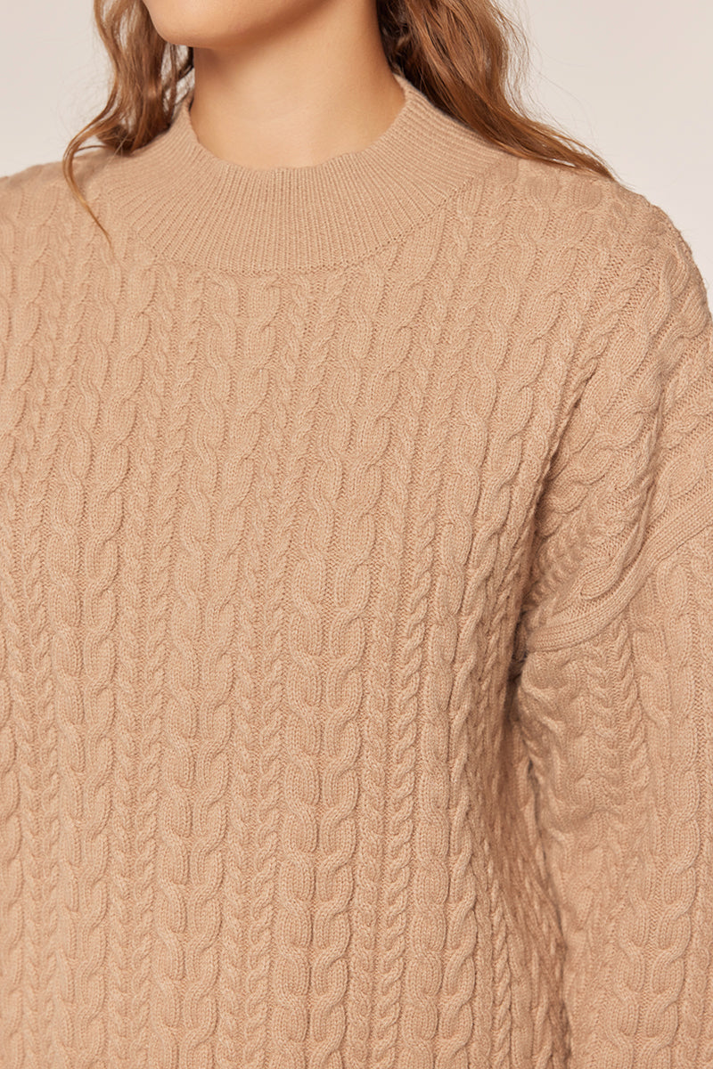 Tea N Rose - Cable Knit Mock Neck Sweater Top - Light Beige